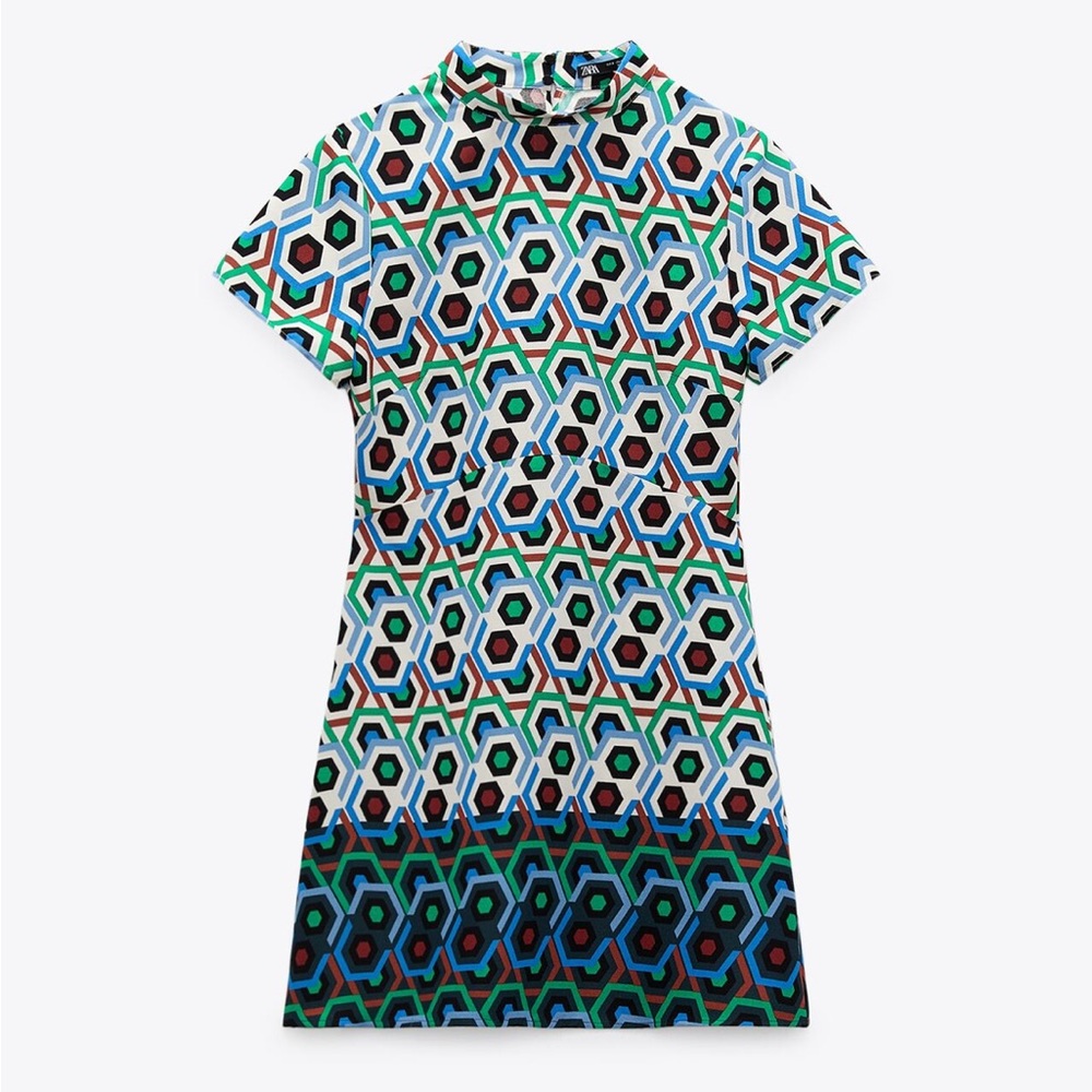 ZARA GEOMETRIC PRINT MOCK NECK SHORT SLEEVE MINI DRESS